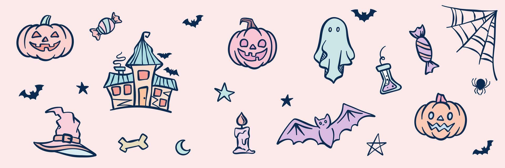 Cute Halloween banner, cartoon clip art elements, wide horizontal background for kids, party invite or greeting card design set vector