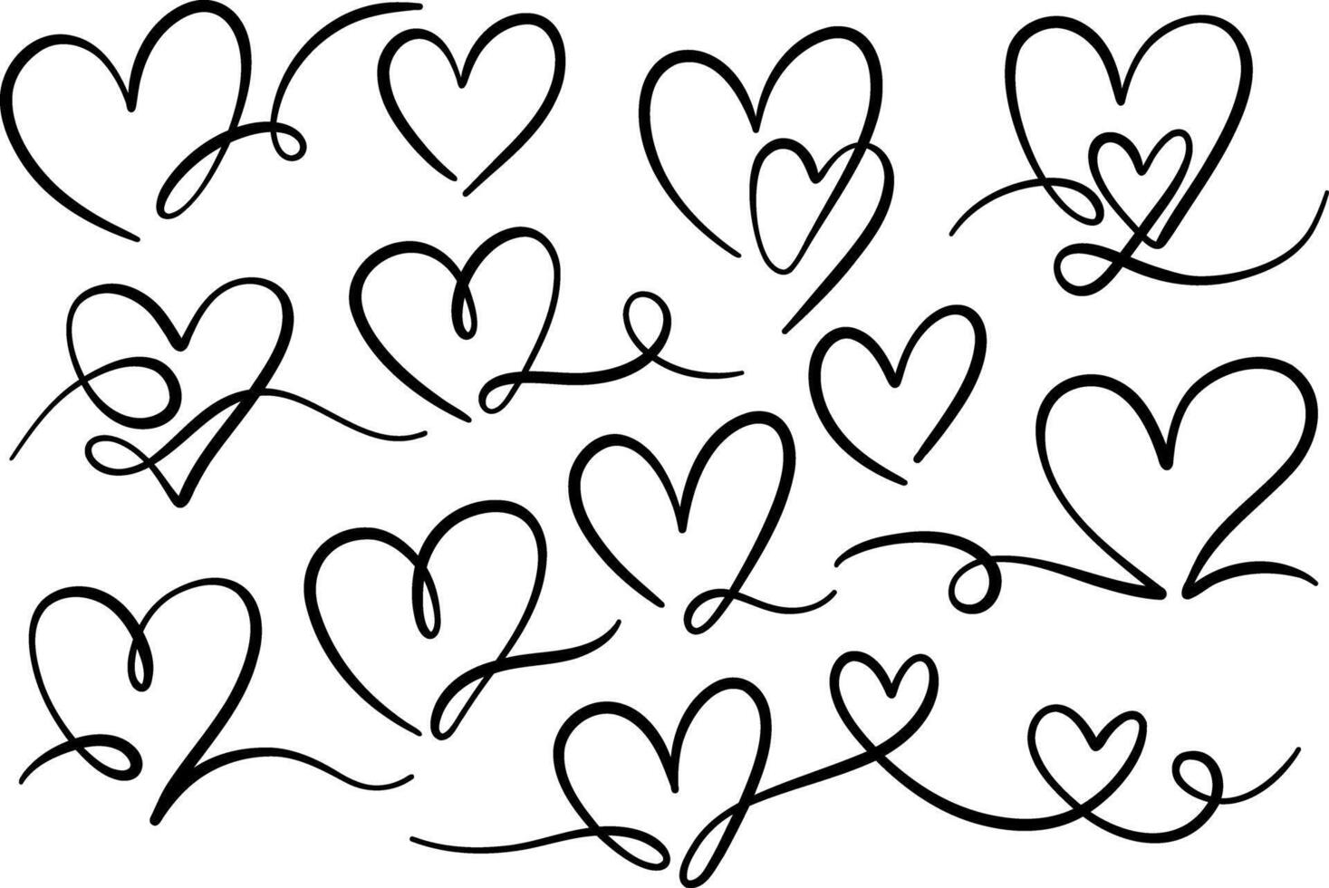 Ink heart swirl doodle, elegant hand drawn flourishes, calligraphic decorative elements, isolated vector
