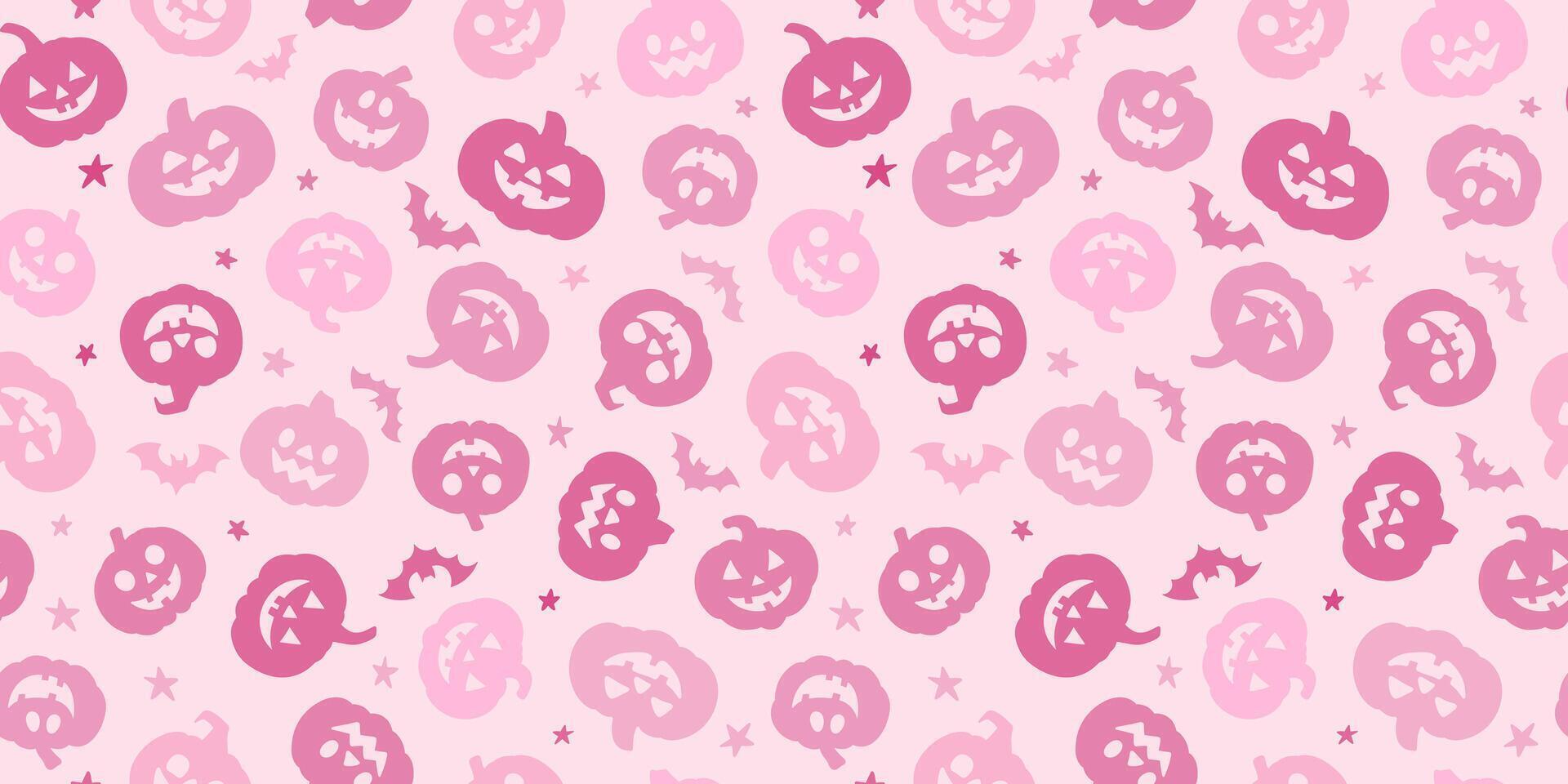 Pink Halloween pumpkin pattern, seamless repeating background, cute festive wallpaper or banner design vector