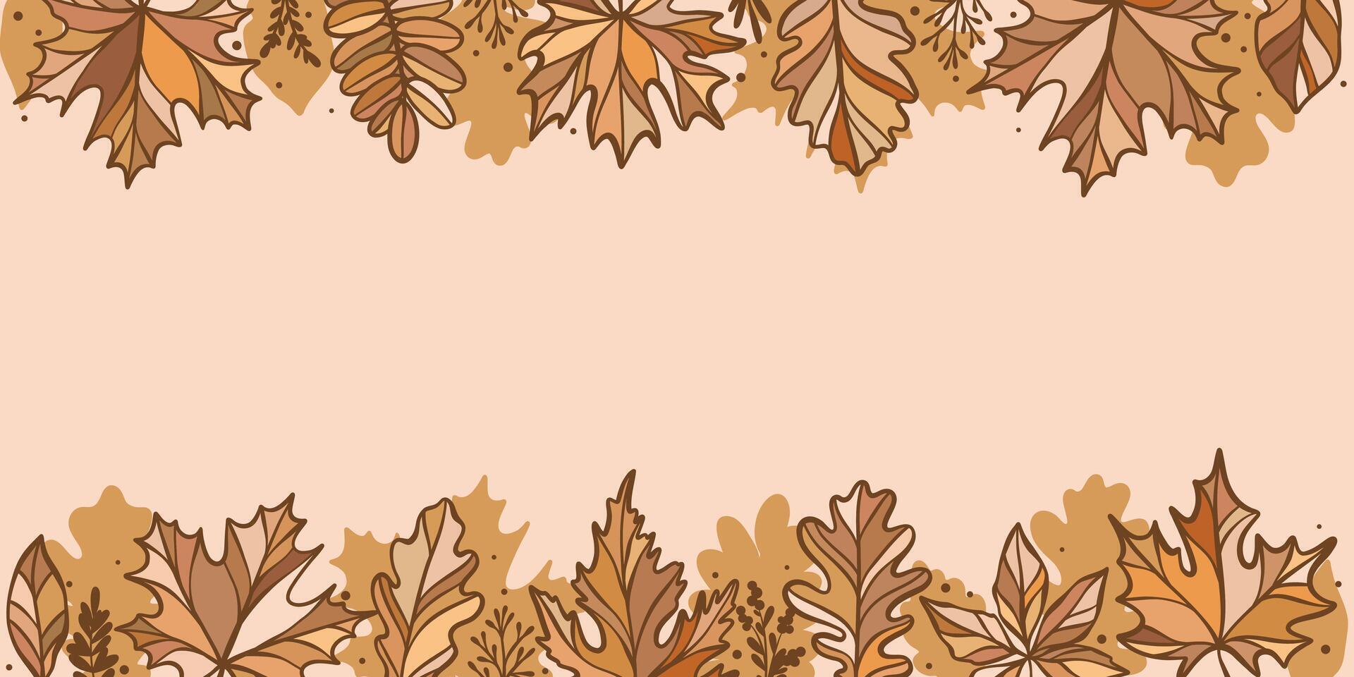 Autumn leaves banner design, hand drawn leaves, warm natural brown fall color theme, empty promotional template, frame or border vector