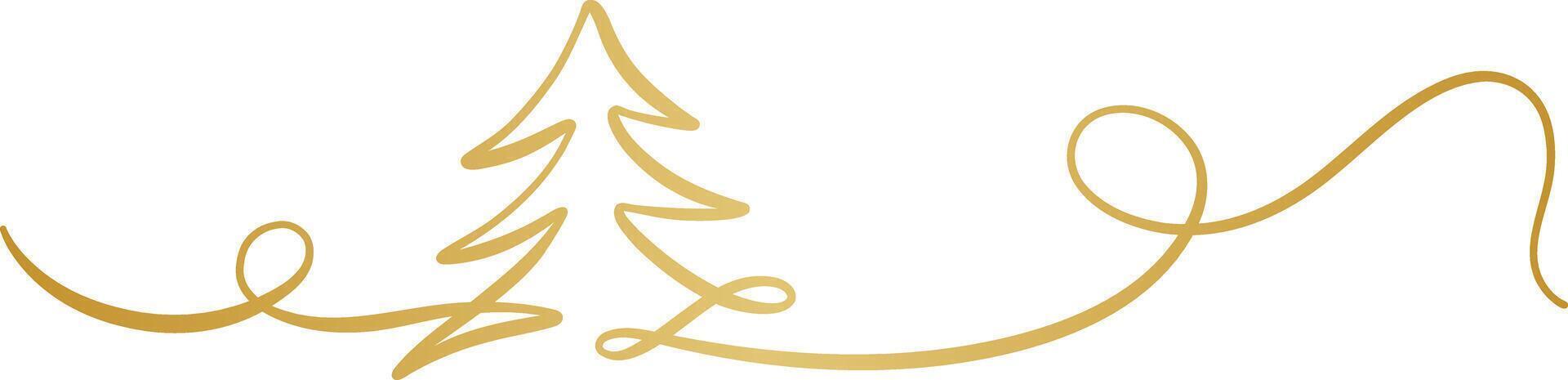 Gold Christmas tree ribbon swirl, pine illustration line art flourish, elegant decorative festive holiday clip art banner design vector