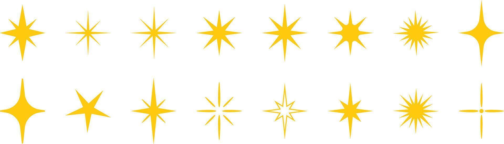 Star shape set, yellow shining sparkles, flat clip art decorative element collection vector