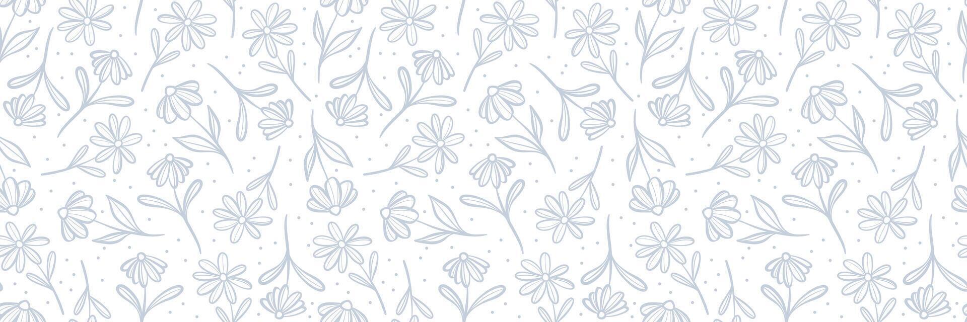Wide daisy floral banner, horizontal ditsy flower print, white and blue minimalist seamless repeating pattern, spring background design vector