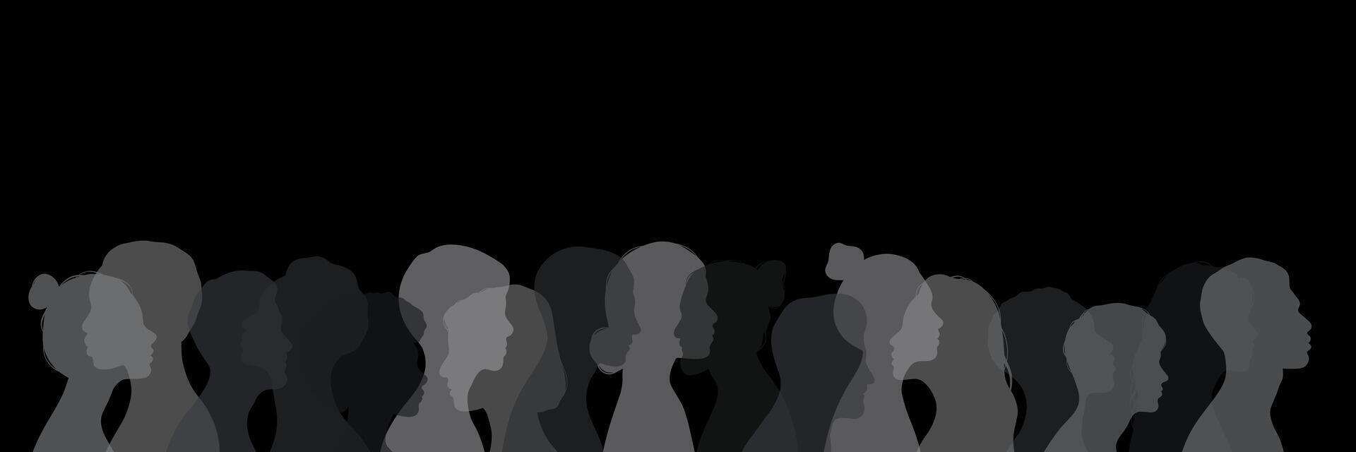 Dark crowd concept design, banner or border illustration with human silhouettes, diversity cover, people footer with black background vector