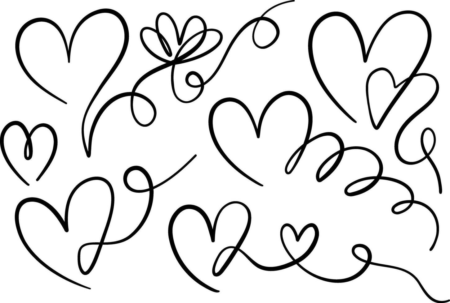 Romantic elegant heart swirl flourishes, calligraphic decorative clip art elements, line art set, isolated vector