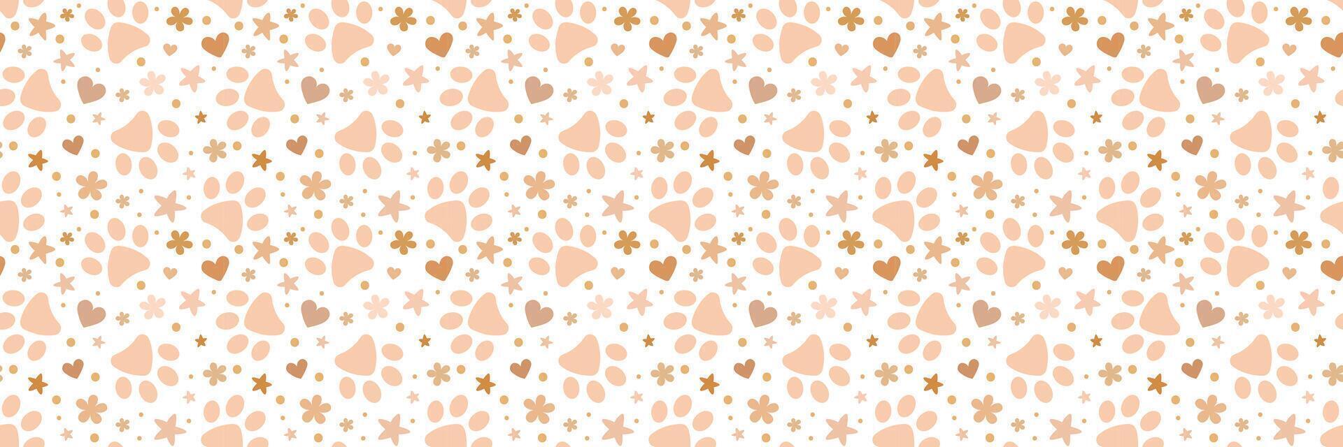Paw pattern pet banner, seamless repeating cover background print, wide horizontal vector