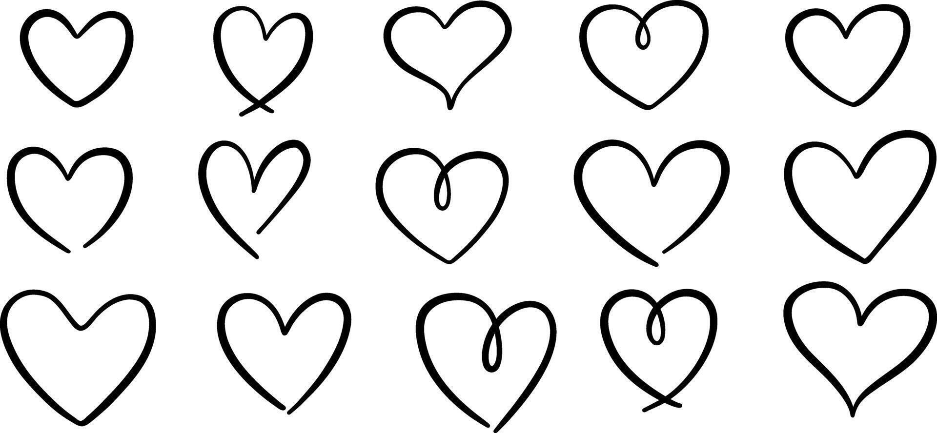 Heart doodle set, ink illustrations cartoon hearts, symbol vector
