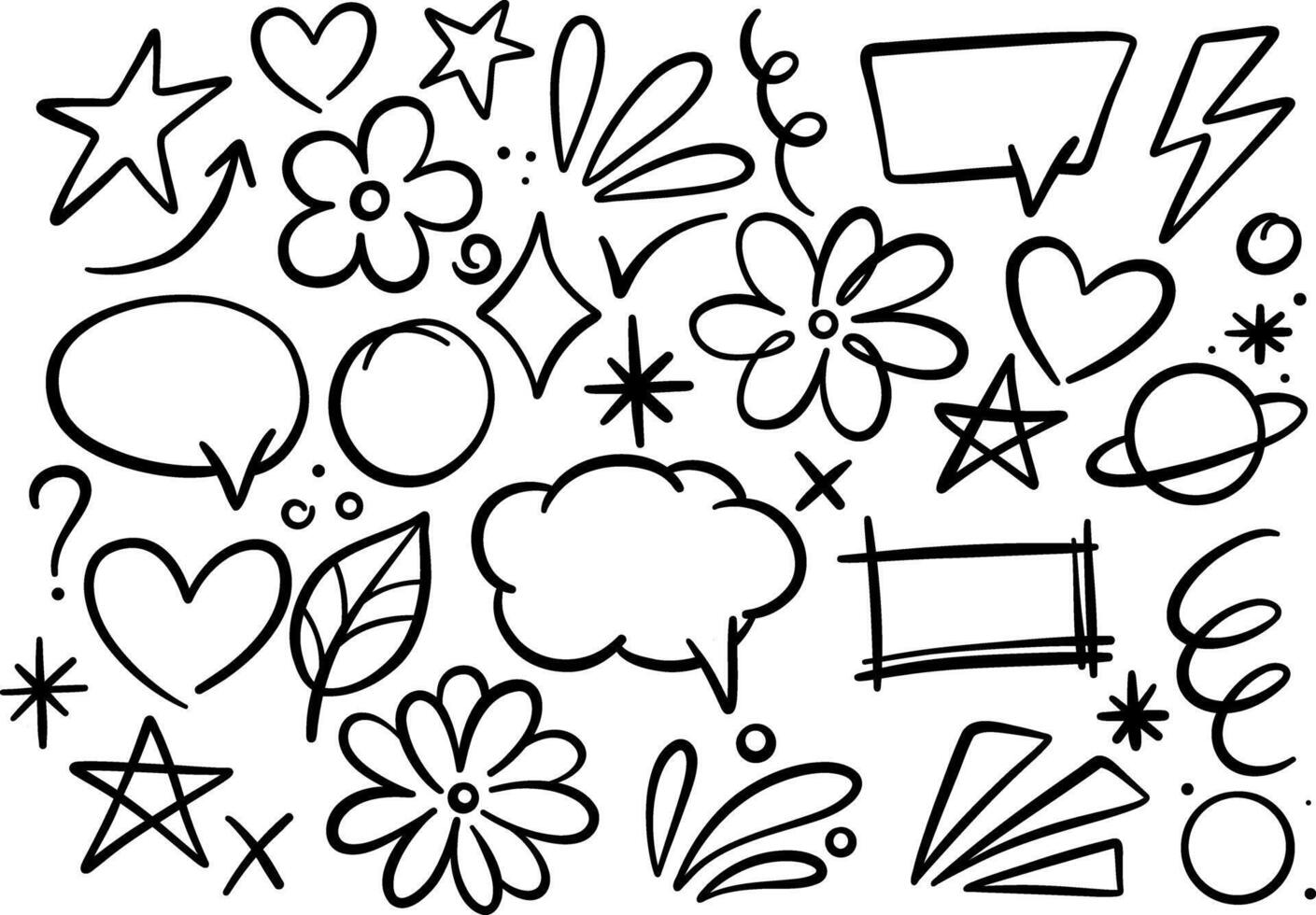Doodle set, cartoon hand drawn highlight decorative elements, speech bubble, ink illustration vector