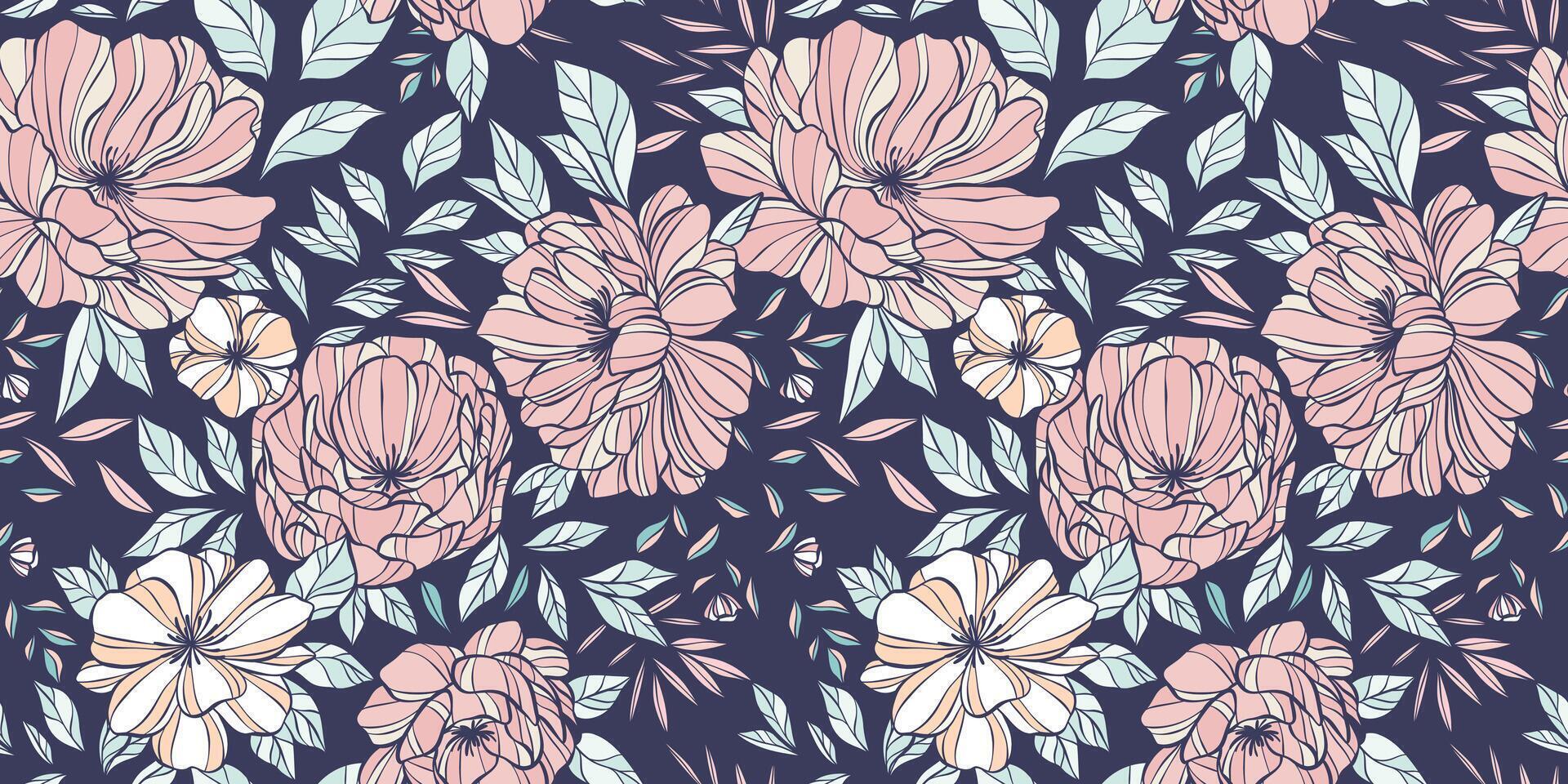 Dark floral background pattern, seamless repeating pattern with peony illustrations, flower banner or cover concept vector