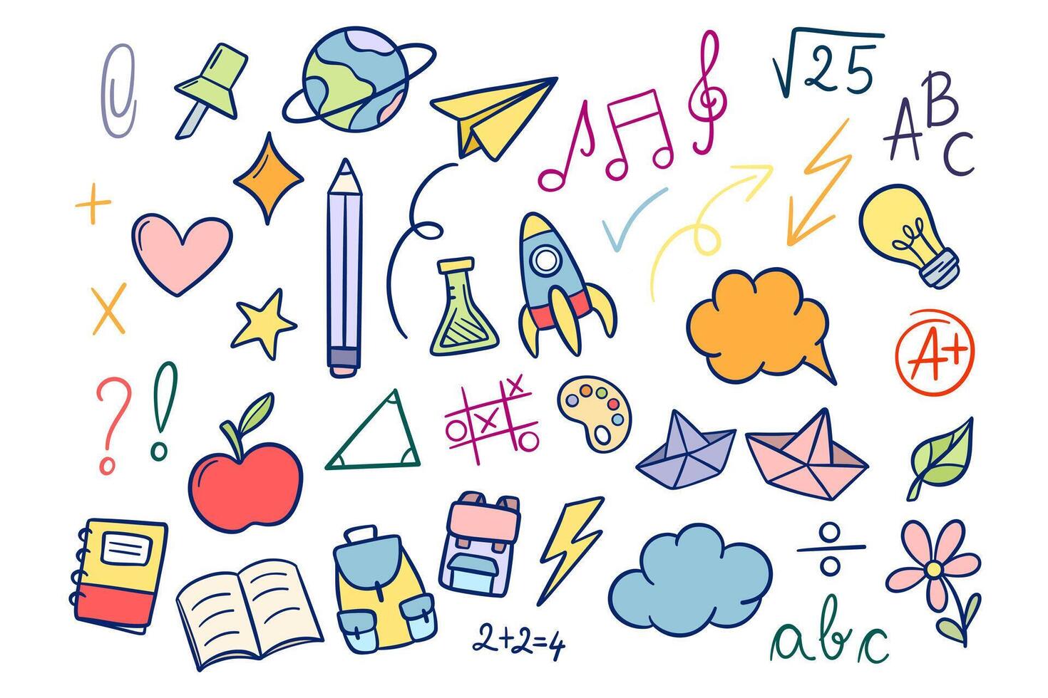 Colorful school doodles, hand drawn clip art set, cute stickers, isolated vector