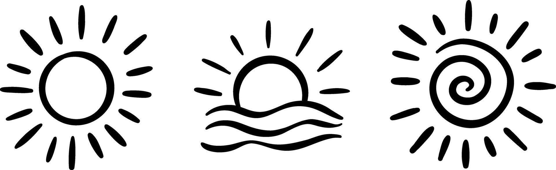 Sun doodle icon set, hand drawn illustrations vector