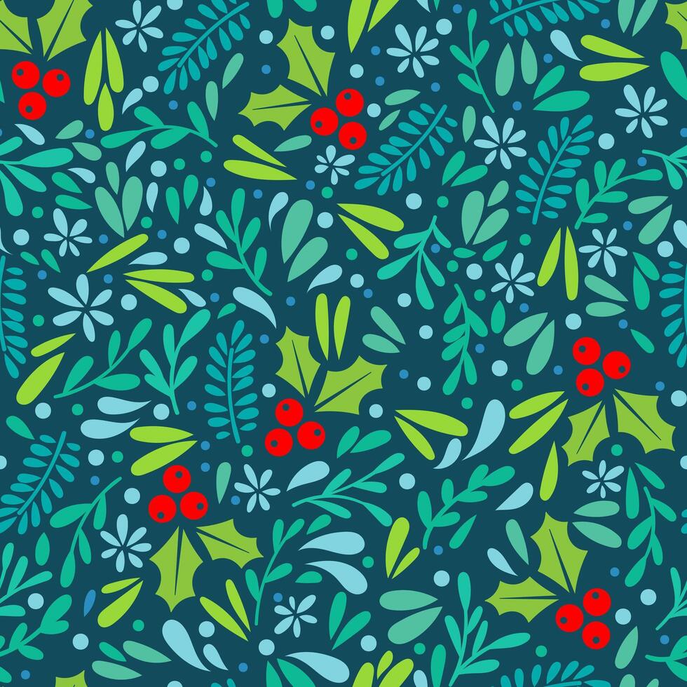 Holly ilex, Christmas berry seamless repeating pattern with leaves, botanical holiday wallpaper or wrapping design vector