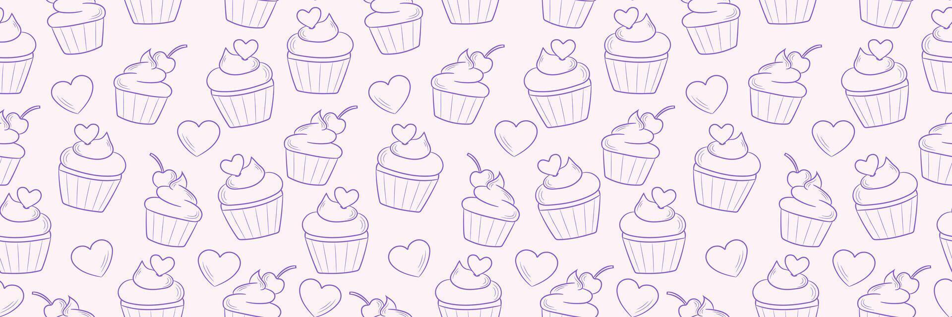 Cute cupcake or muffin illustration repeat pattern banner with hearts, line art illustration background for bakery cover vector