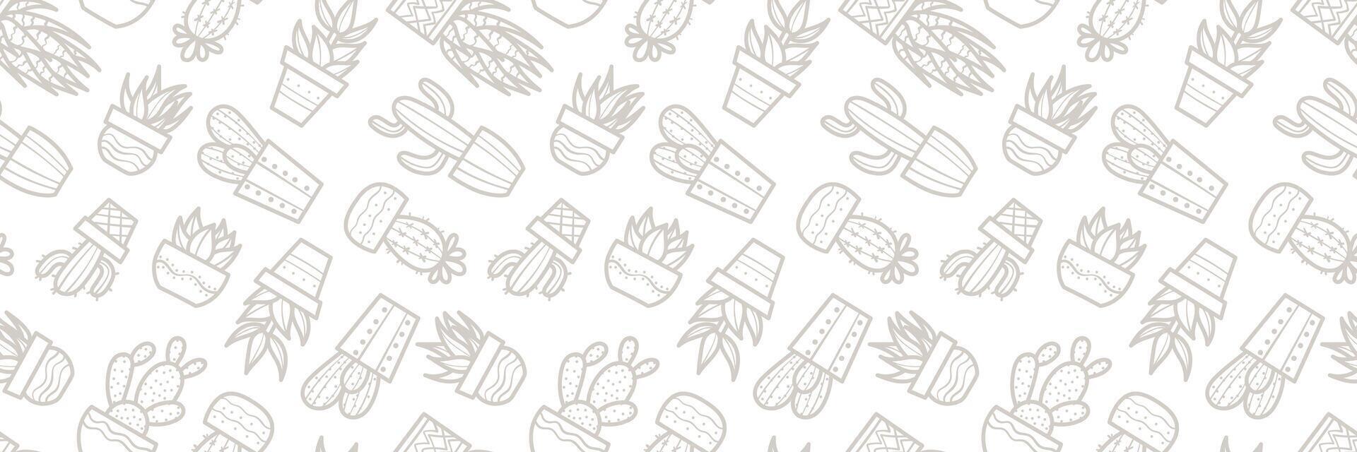 White cactus seamless repeat pattern banner design, wide horizontal house plant cover vector