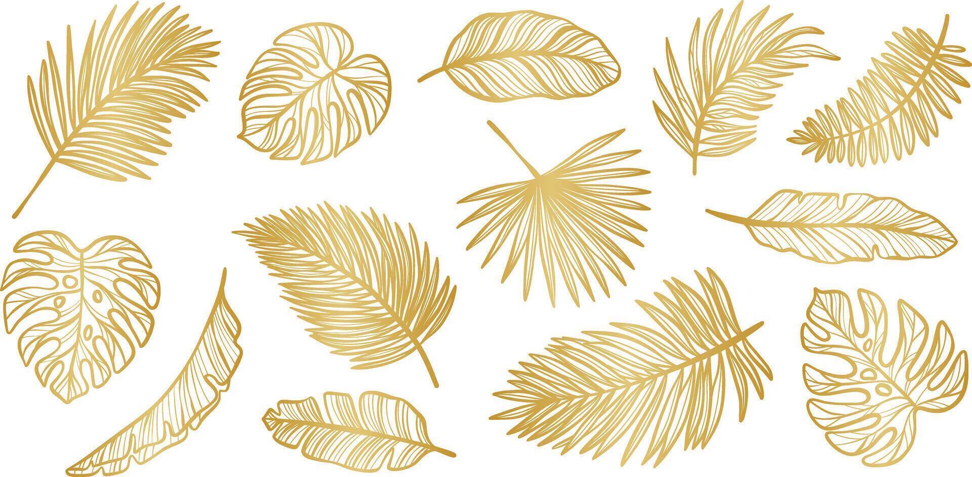 Gold tropical leaves, gradient golden foliage illustration, shining leaf set, isolated vector