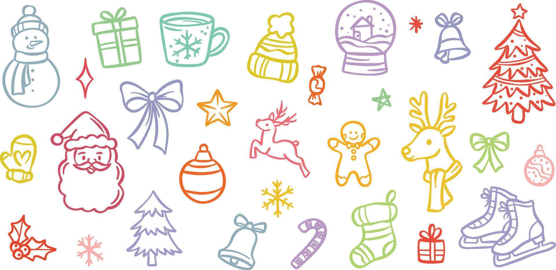 Colorful Christmas doodle illustration set, cute cartoon line art clip art collection, festive holiday designs vector
