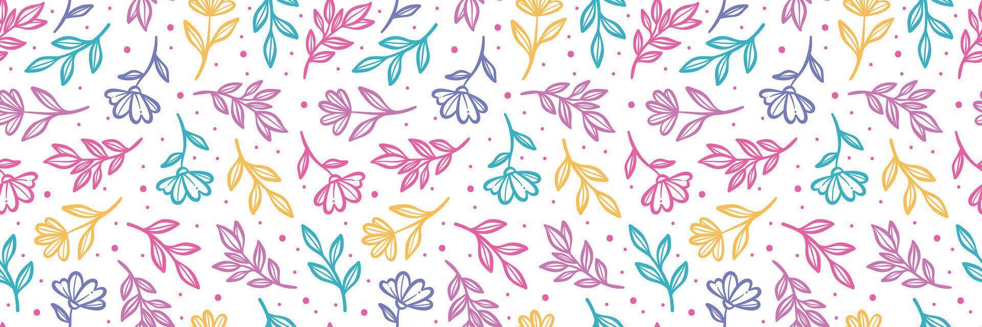 Colorful floral pattern, seamless repeating flower border print, wide horizontal spring background vector