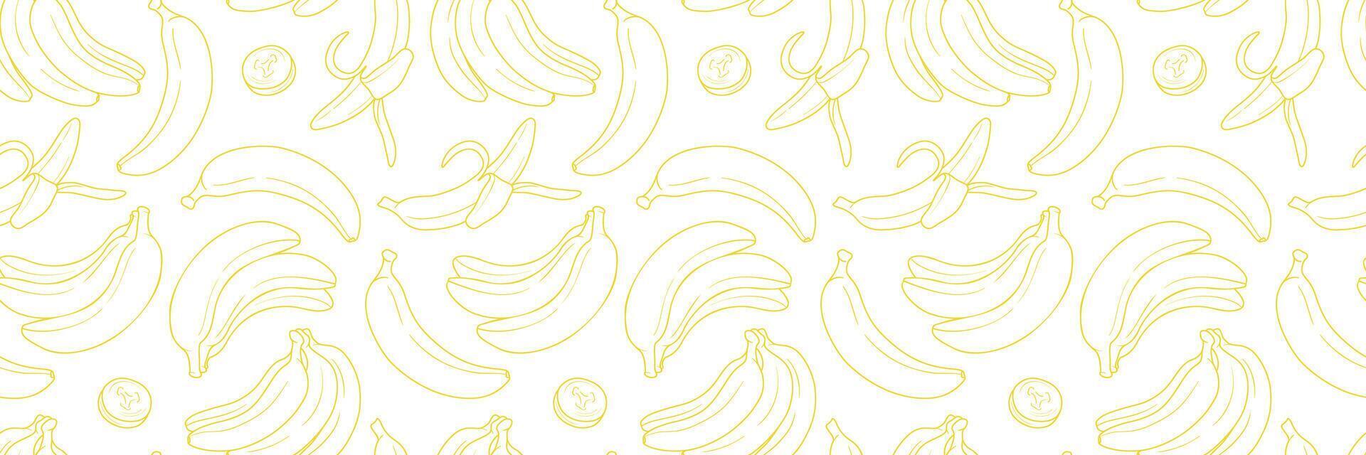 Banana line art repeat pattern banner, seamless repeating horizontal background or cover design, white and yellow wallpaper vector