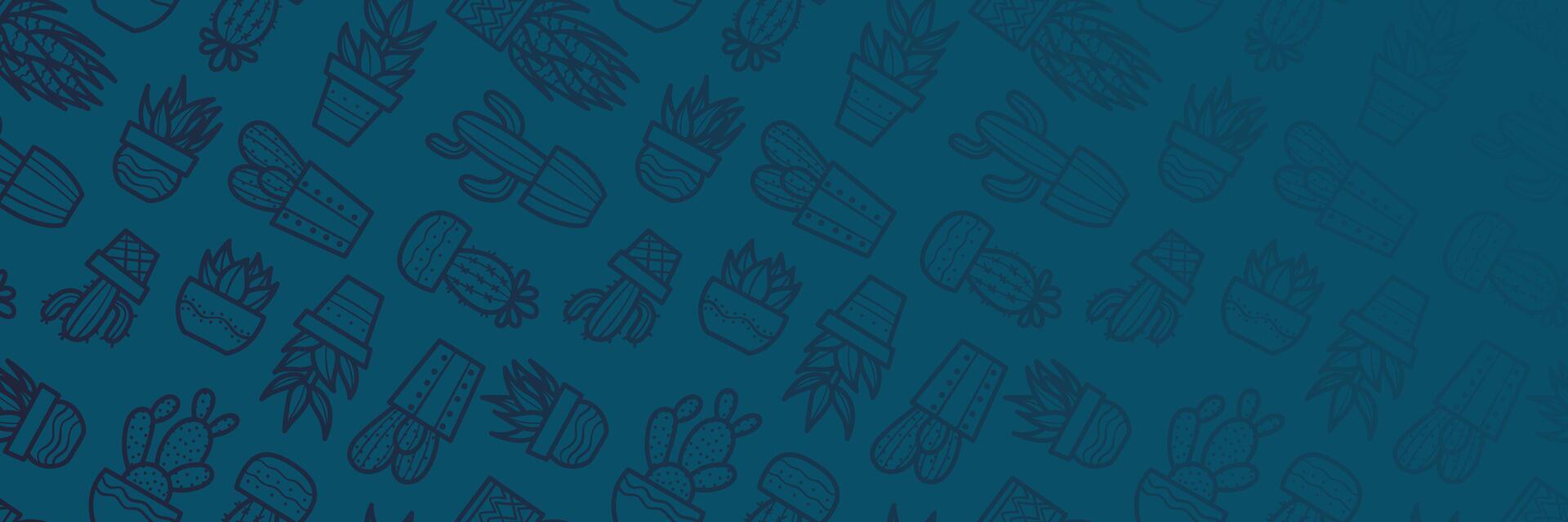 Dark cactus banner design, house plant pattern background, wide horizontal cover illustration, gradient vector