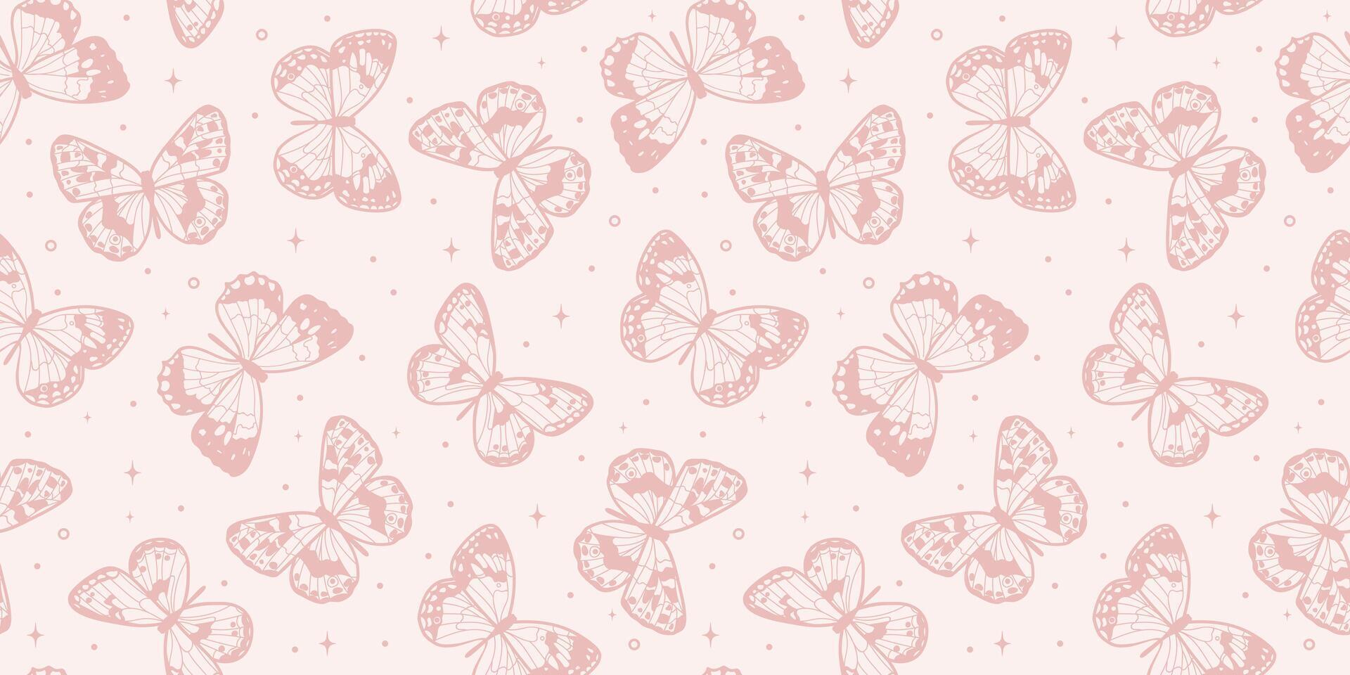 Pastel pink butterfly pattern, seamless repeating background tile, cute wallpaper design, magical spring illustration, horizontal vector