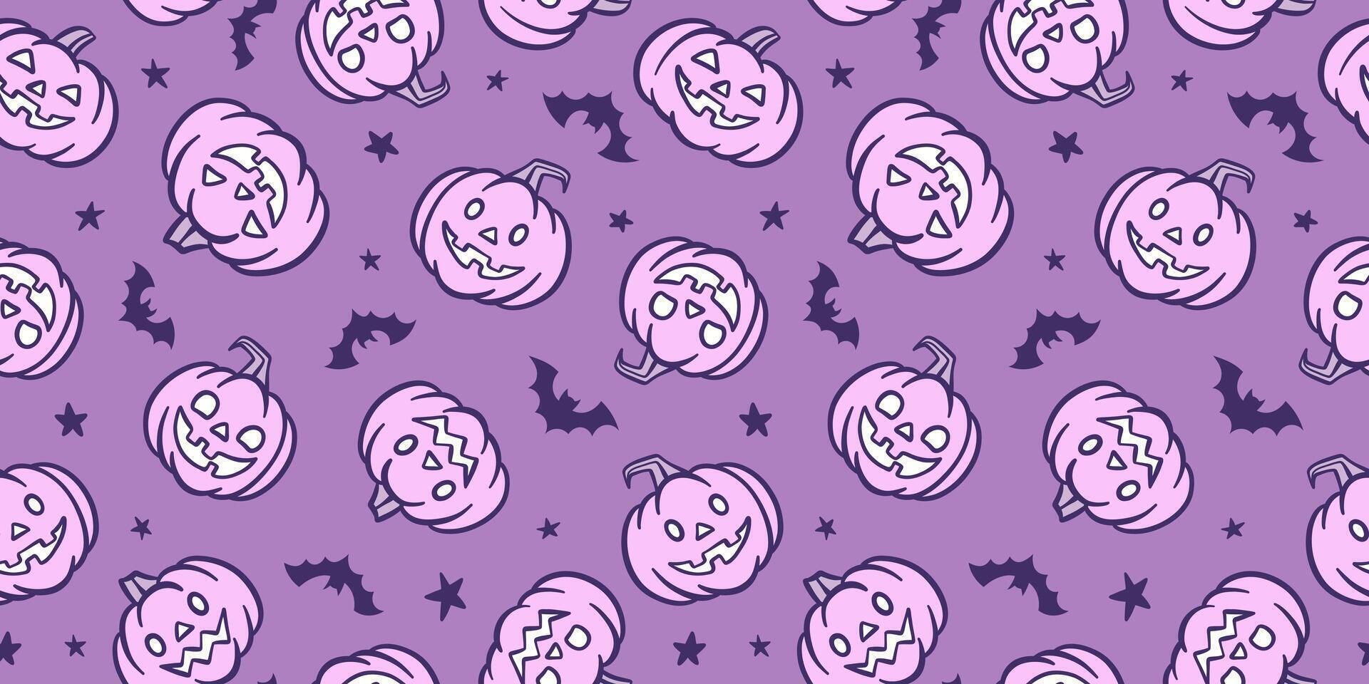 Purple pumpkin seamless repeating pattern background, wide horizontal banner design, cute cartoon Halloween wallpaper, repeat tile vector