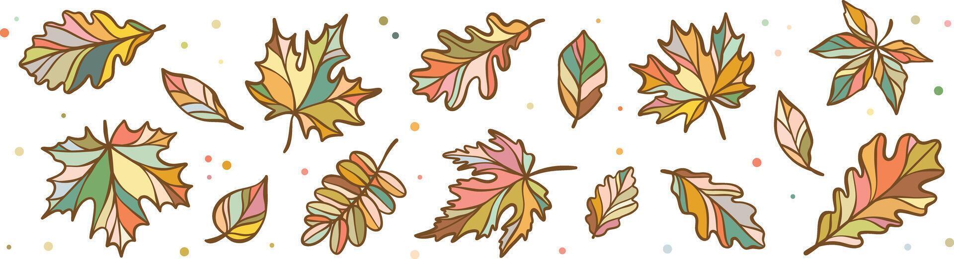 Autumn leaves, fall leaf banner or border clip art set, hand drawn colorful decorative illustrations, isolated vector