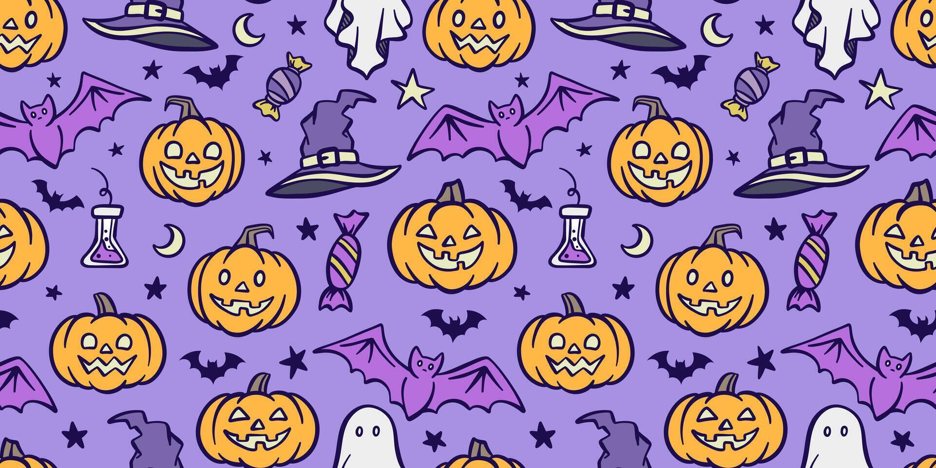 Halloween background, cute pattern with cartoon illustrations, seamless repeating wallpaper design vector