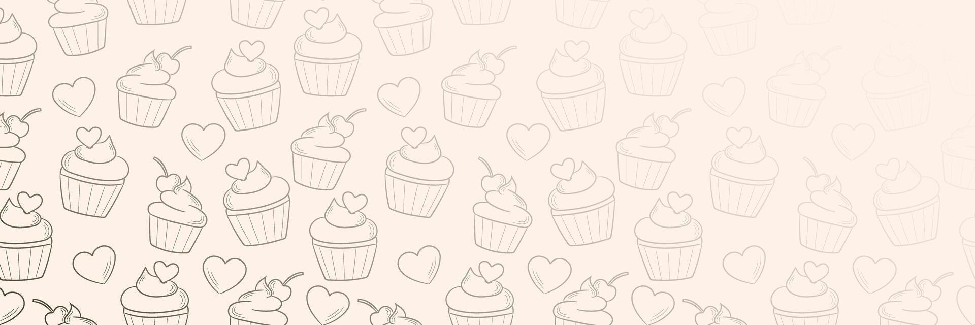 Cute bakery banner with hand drawn line art cupcakes and hearts, pastel background, horizontal cover design vector