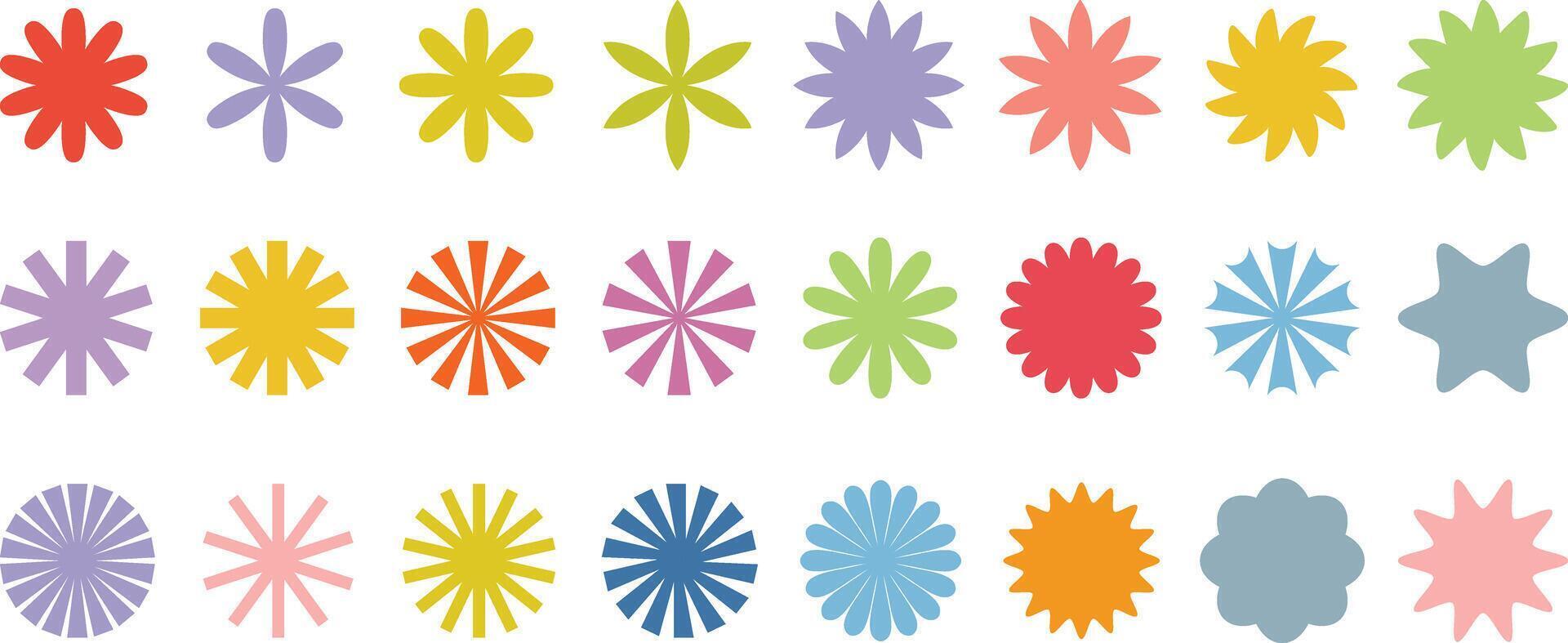 Colorful starburst shapes, badge or label, retro stars, flat decorative clip art element set, isolated vector