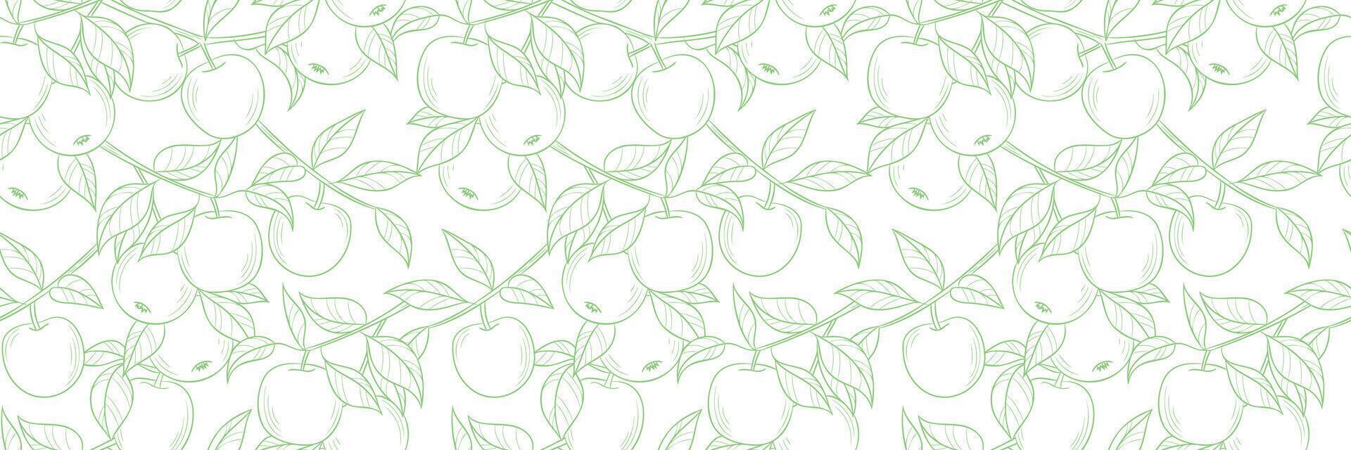 Fresh line art apple print banner, vintage repeat pattern with fruits, elegant background design vector