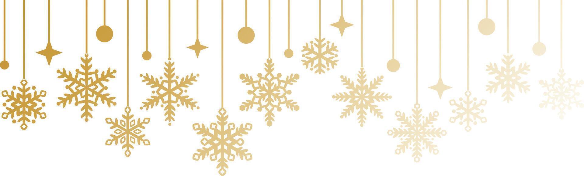 Gold Christmas or new year banner, gradient golden snow flake frame, elegant festive horizontal background vector