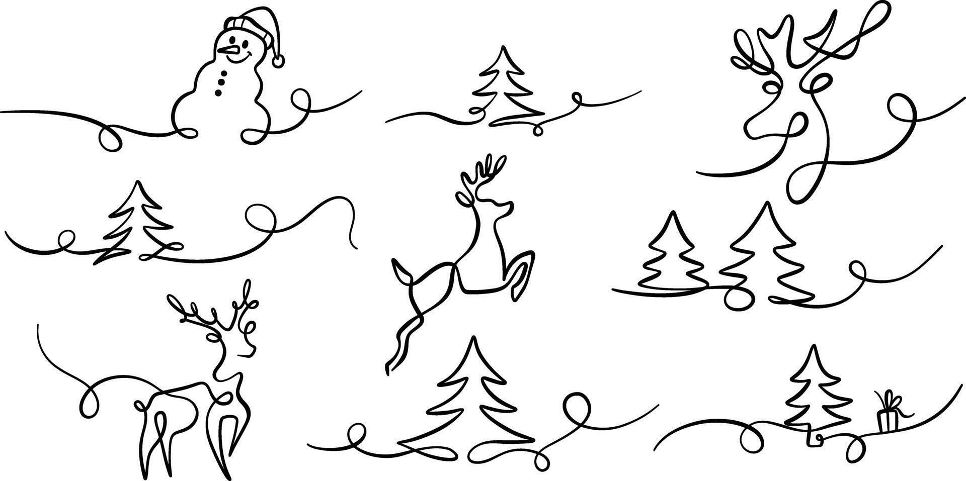 Abstract Christmas single line art flourishes , winter swirl decorative holiday clip art elements, isolated ink illustrations vector