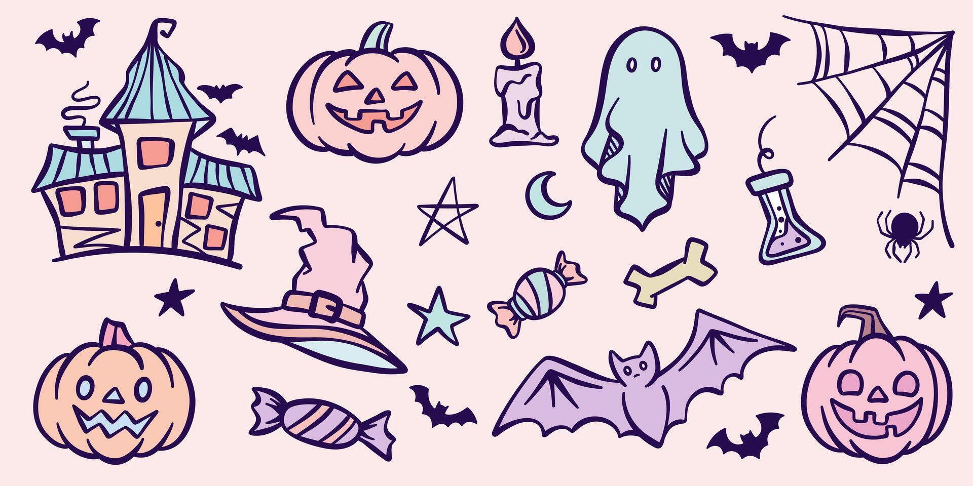 Pastel Halloween banner background, cartoon clip art element set, cute kids part decoration, pumpkin lantern illustration isolated vector