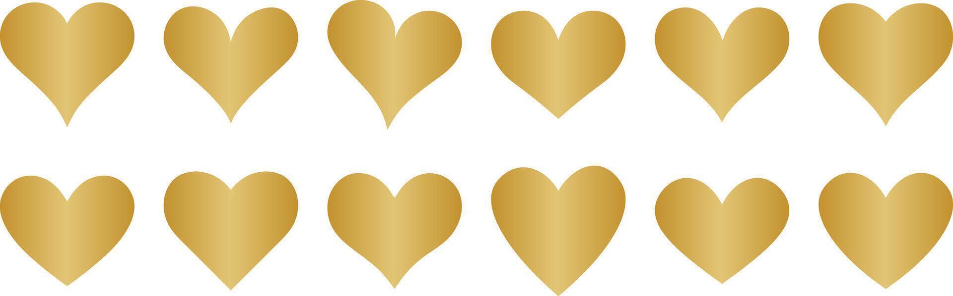 Gold gradient heart set, elegant golden metallic hearts, isolated vector