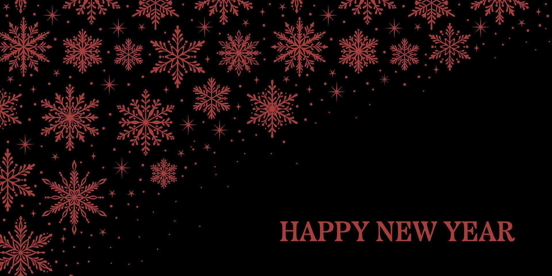 Happy New Year background, snowflake greeting design, winter holiday snow confetti dark wallpaper, black and red frame illustration vector
