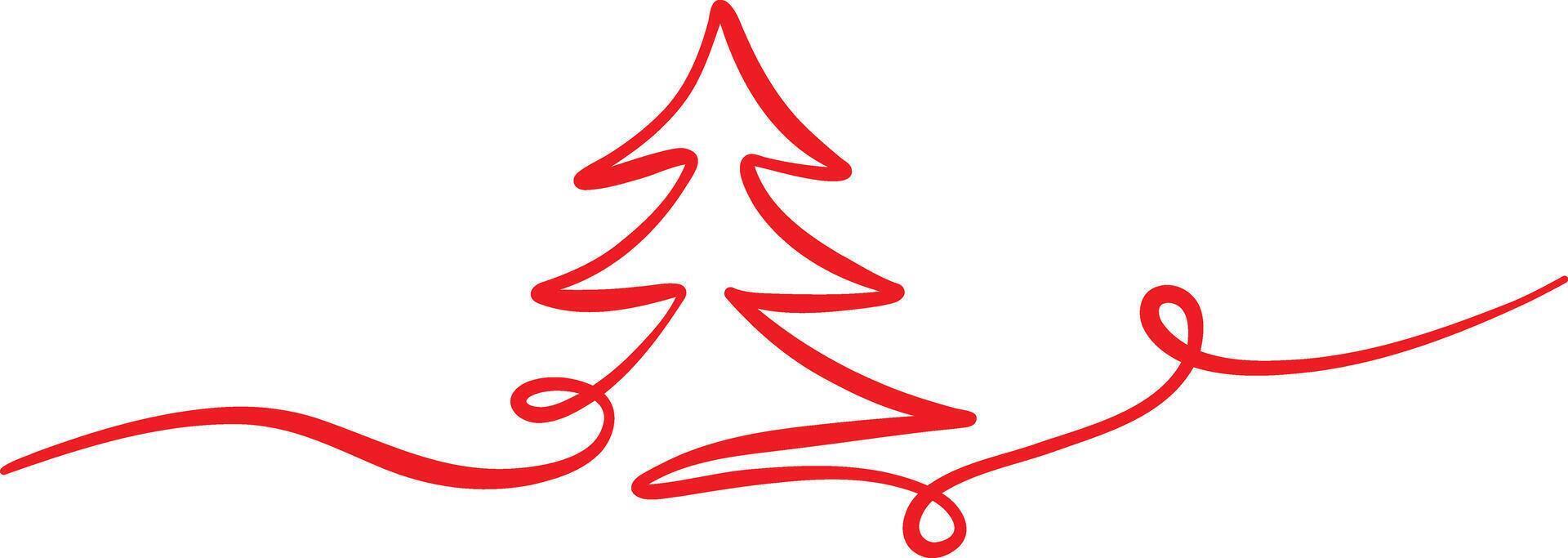 Red Christmas tree line art banner, singe line ribbon swirl festive decorative clip art element vector