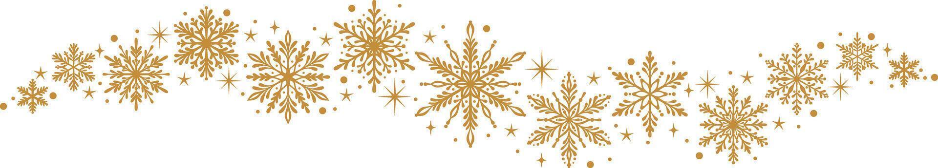 Golden snowflake border wave clip art illustration for winter holidays, Christmas design element with stars, isolated gold snow decoration frame vector