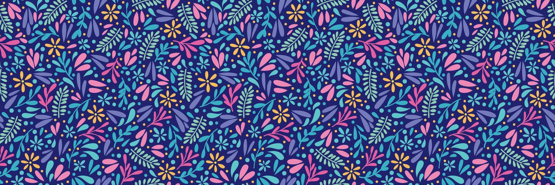 Dark ditsy print banner, floral seamless repeating pattern, flower and leaves flat illustration horizontal colorful background design vector