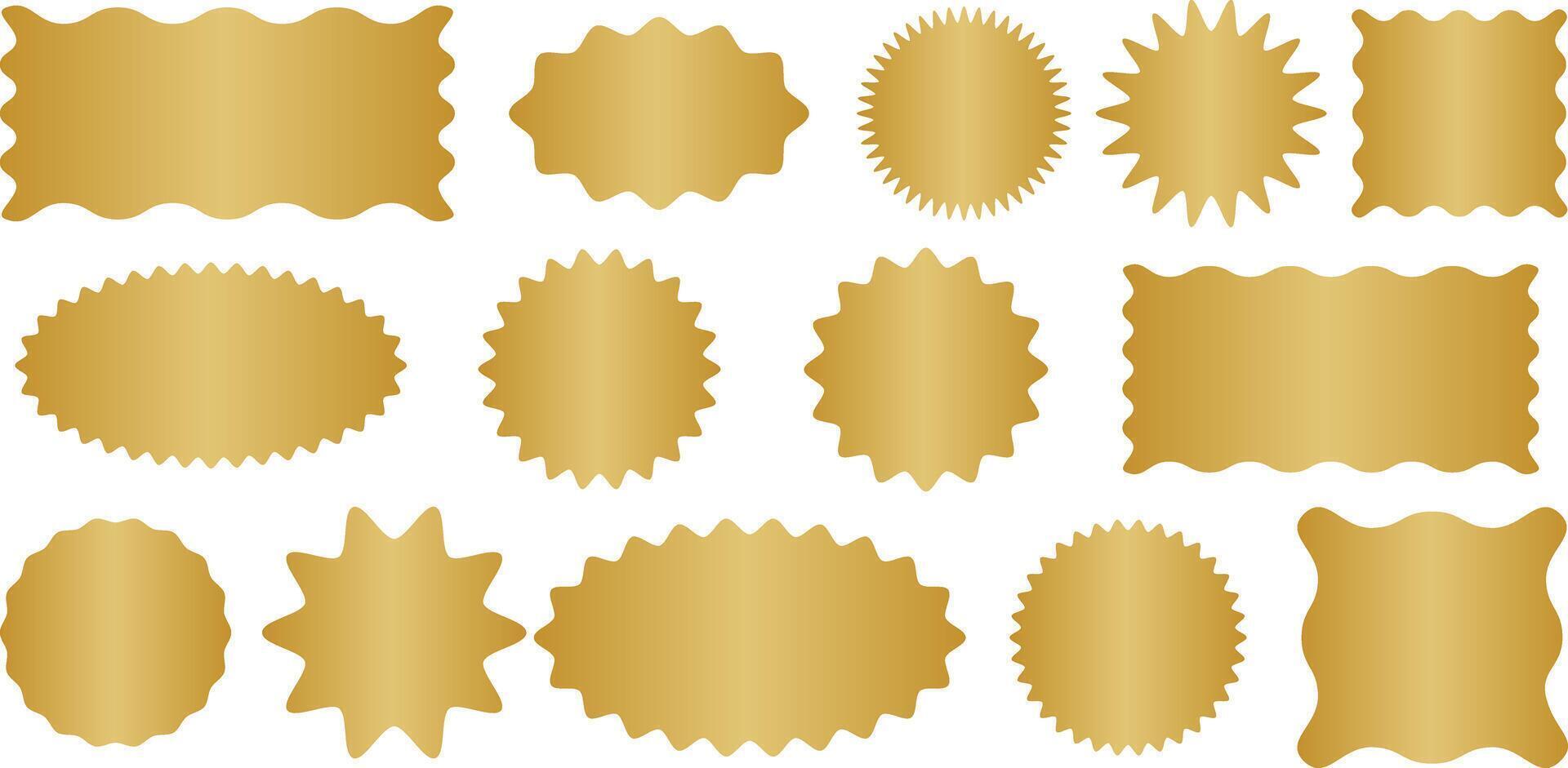 Gold retro badge stickers, shape set, metallic gradient golden label design collection vector