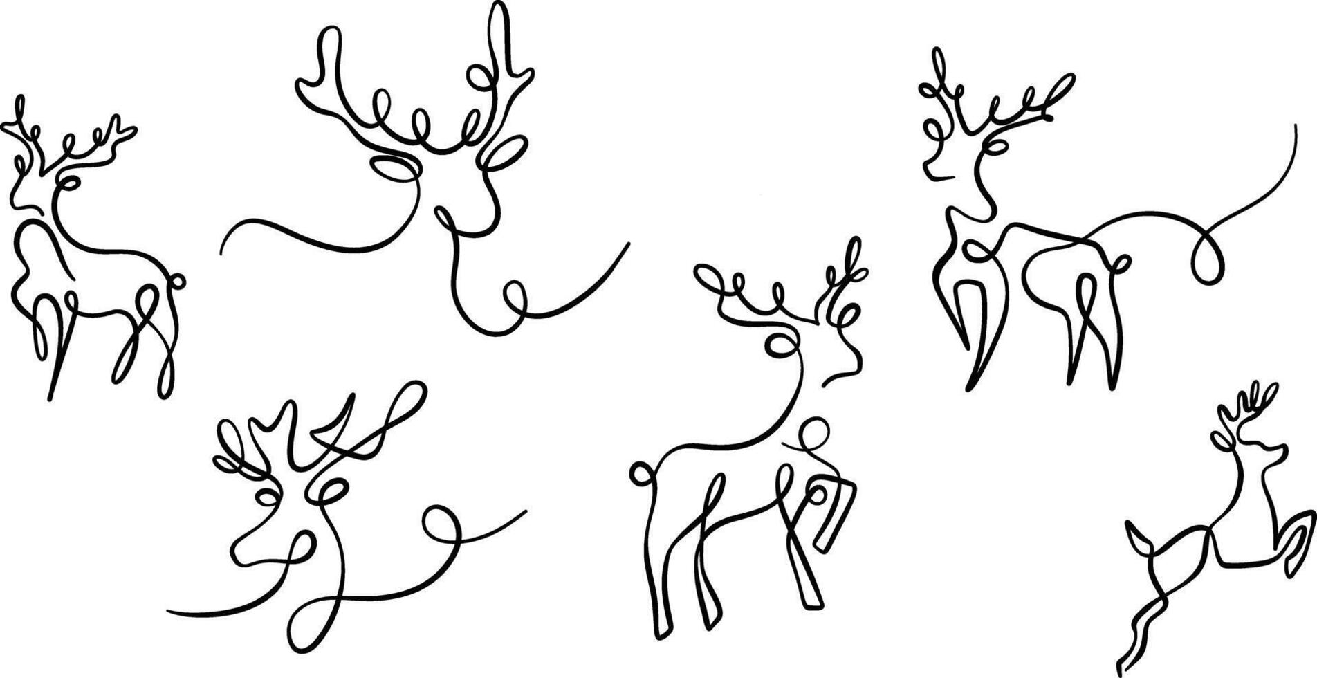 Reindeer Christmas single line swirl ink illustration, deer festive holiday decorative element set vector