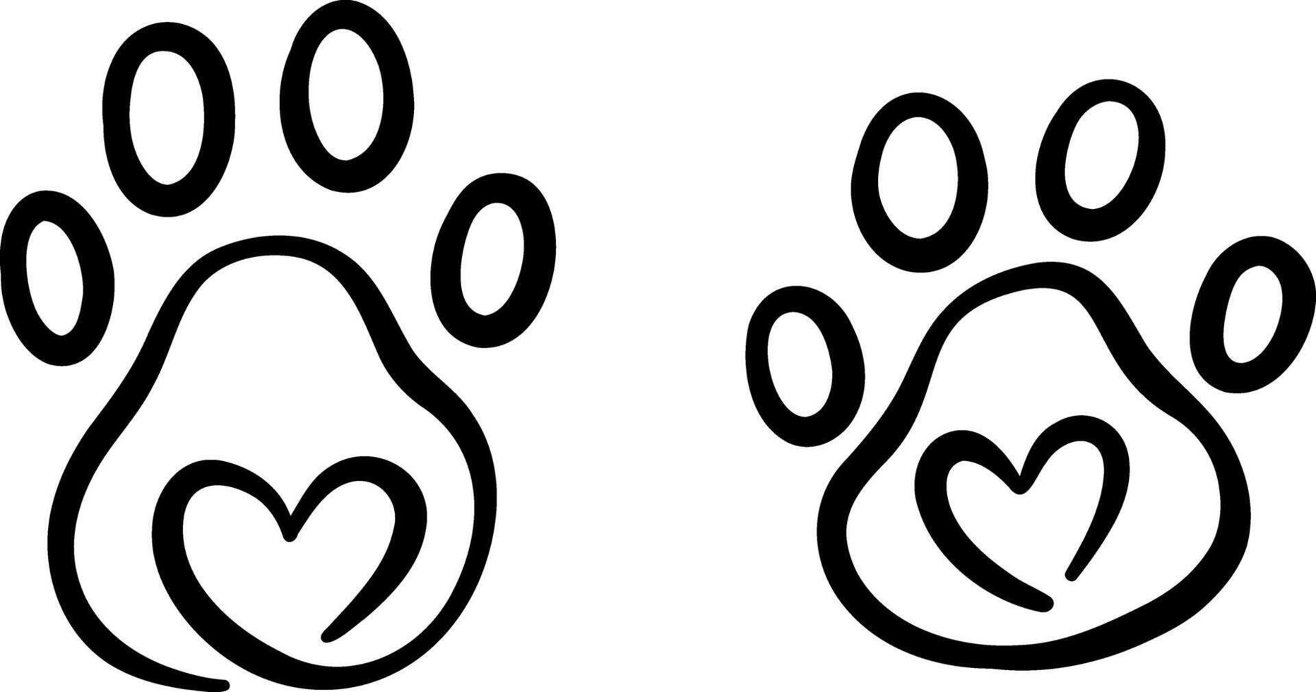 Cute paw ink doodles, heart line art illustration logo, flat clip art pet element vector