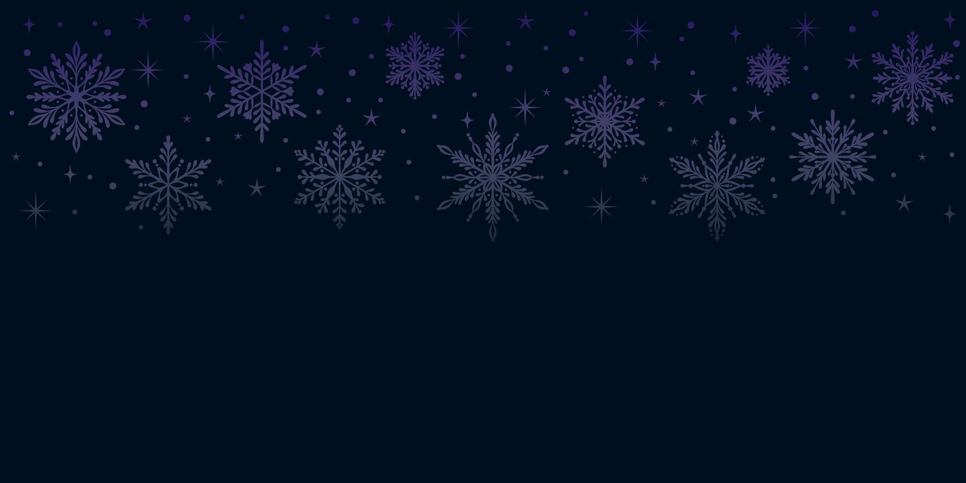 Dark magical elegant snow confetti, blue snowflake header winter holiday greeting background template, hand drawn wallpaper design vector