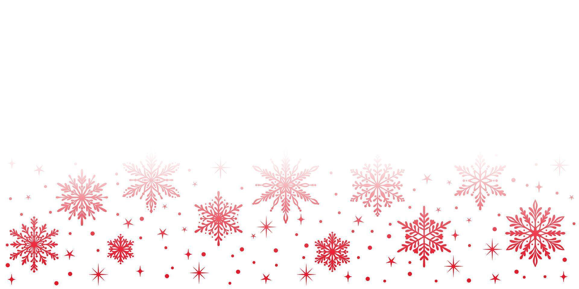 Red snowflake banner on white background gradient footer design with snow illustrations and stars, isolated vector