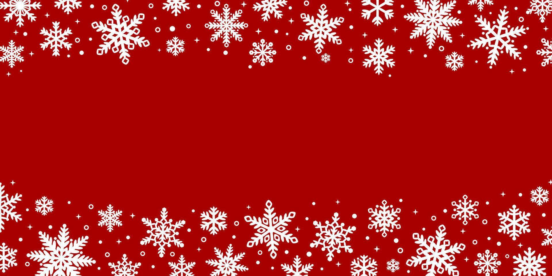 Red winter snowfall background, snowflake border design, festive holiday frame, greeting template vector