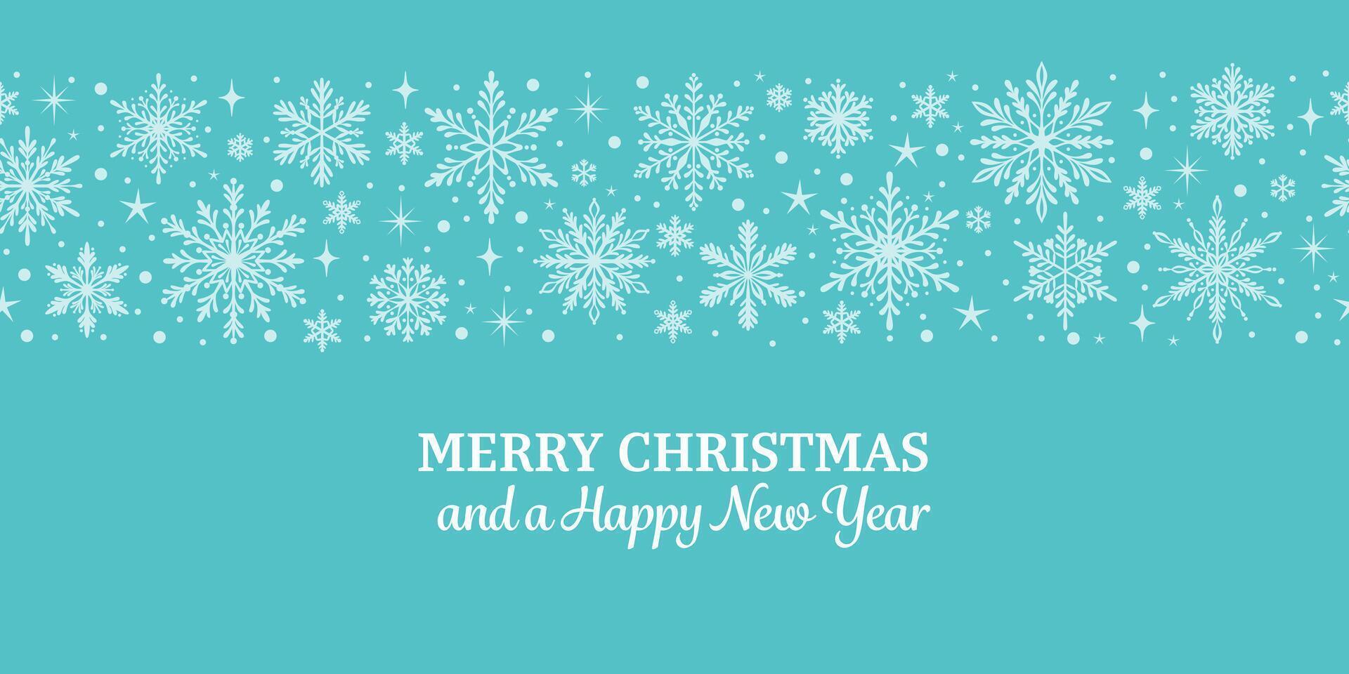 Elegant Merry Christmas greeting card wallpaper, border illustration with snowflakes, white and blue vector
