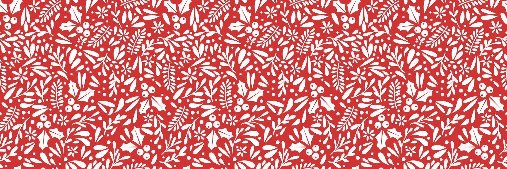 Holly ilex winter foliage pattern, red and white festive holiday seamless repeating border, Christmas horizontal background print design vector
