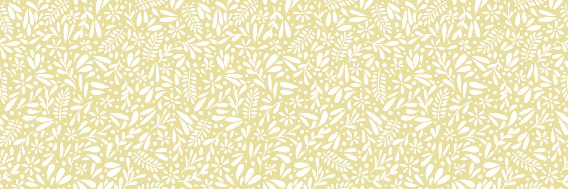 Vintage flower print background, cute ditsy floral banner, seamless repeating pattern, yellow and white vector