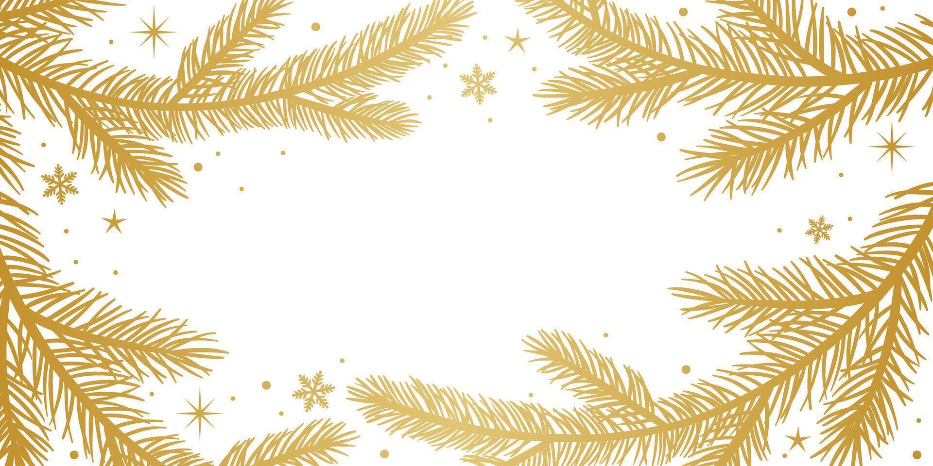 Golden gradient festive winter holiday pine branch frame, Christmas wallpaper, elegant background for greeting card template vector