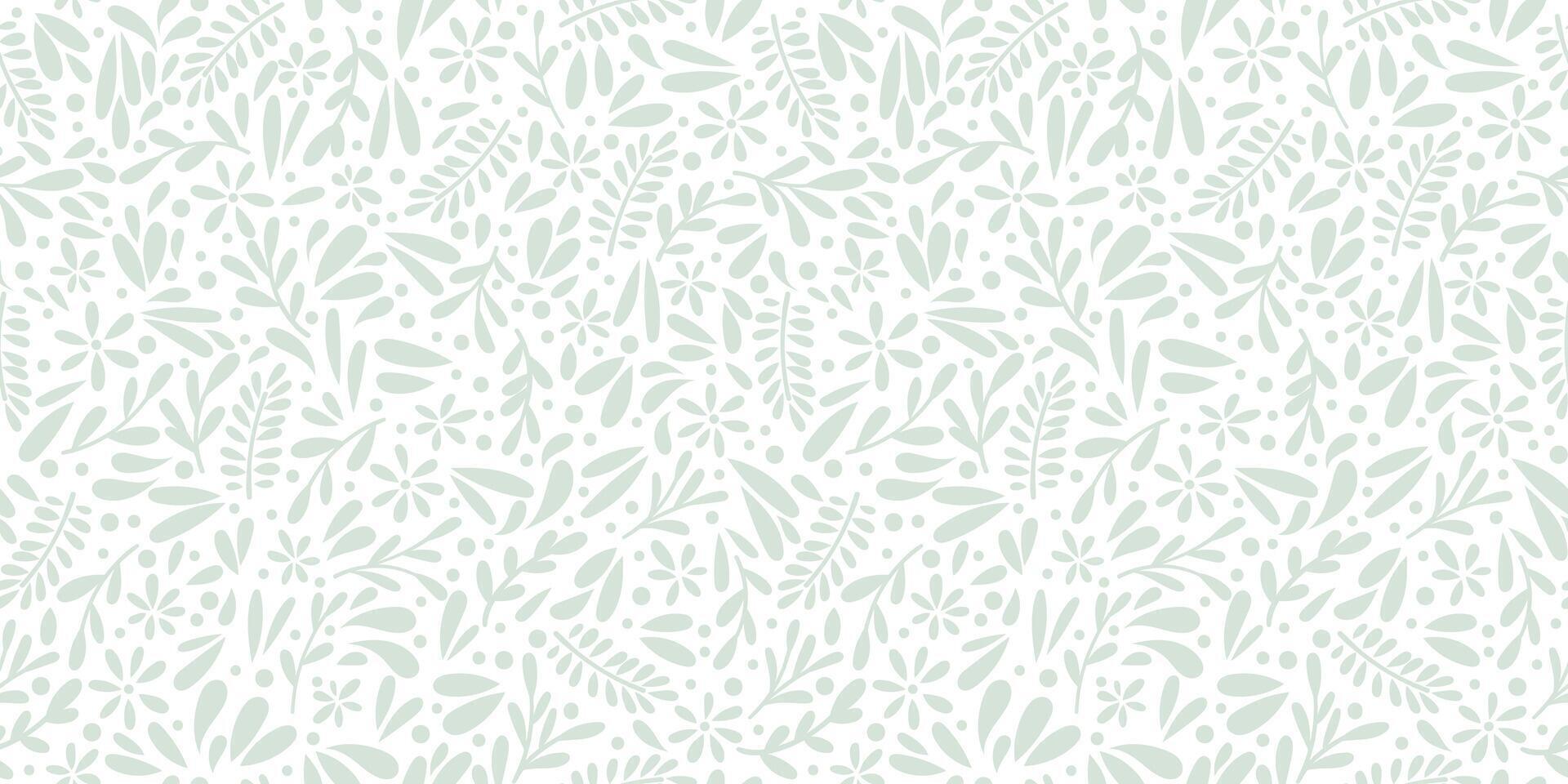 White ditsy leaves and flower repeat pattern, tiny flower print, cute green spring background texture, pastel mint wallpaper design vector