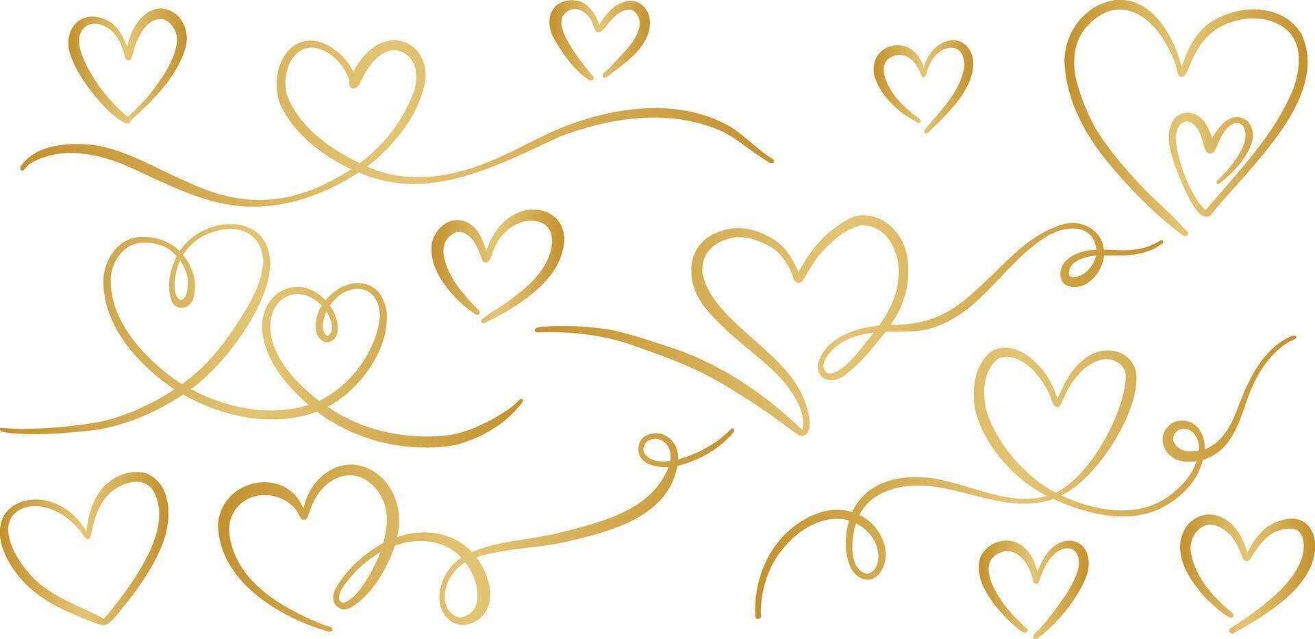 Golden gradient heart swirls line art banner elements, hearts illustration collection isolated vector